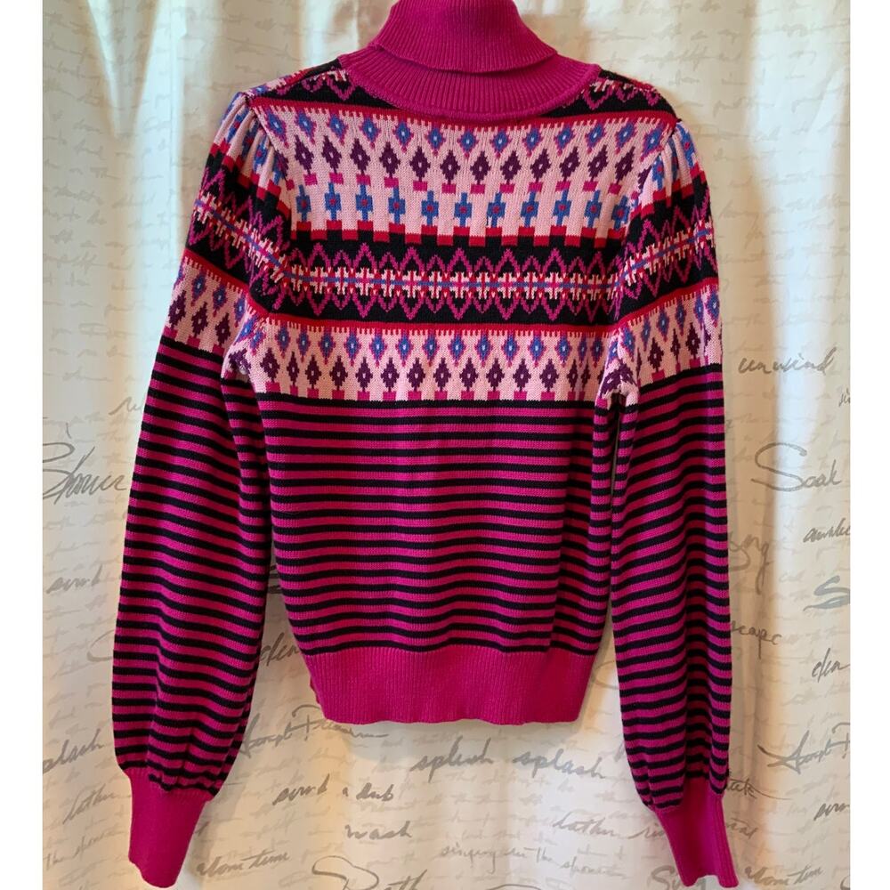 ModCloth NWT Pink Black Fair Isle Turtleneck Sweater Women's XL Cozy Knit - Picture 2 of 3